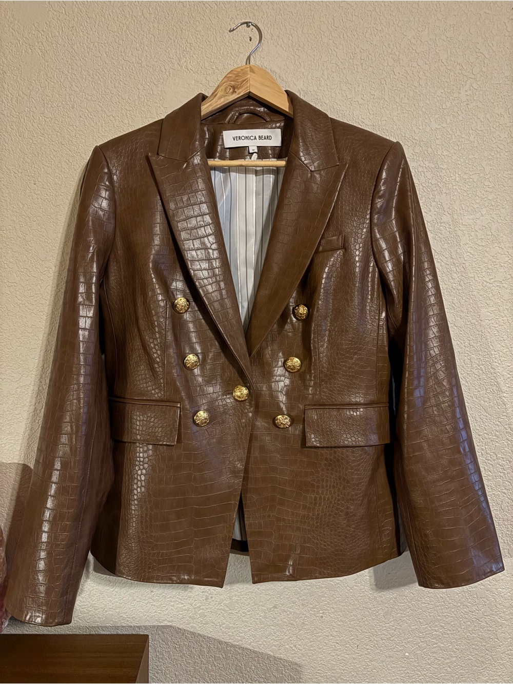 Veronica Beard Chocolate Brown Croc-Embossed Double-Breasted Blazer